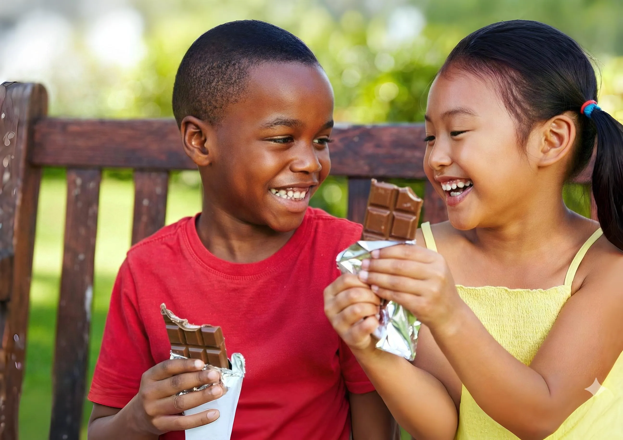 Happy kids eating chocolate